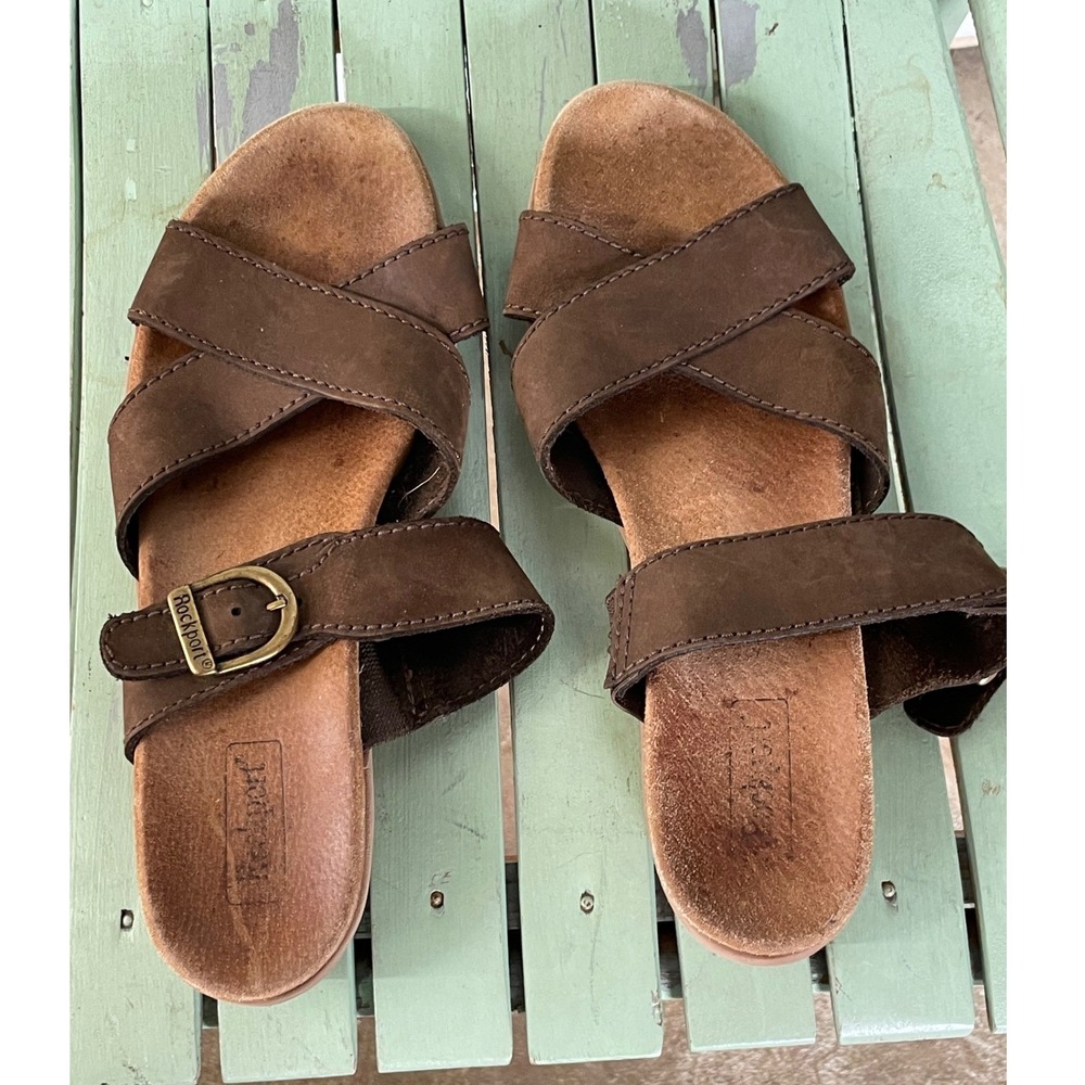 Rockport Womens Sandals 7.5 Slide Brown Leather Crisscross Buckle W9157